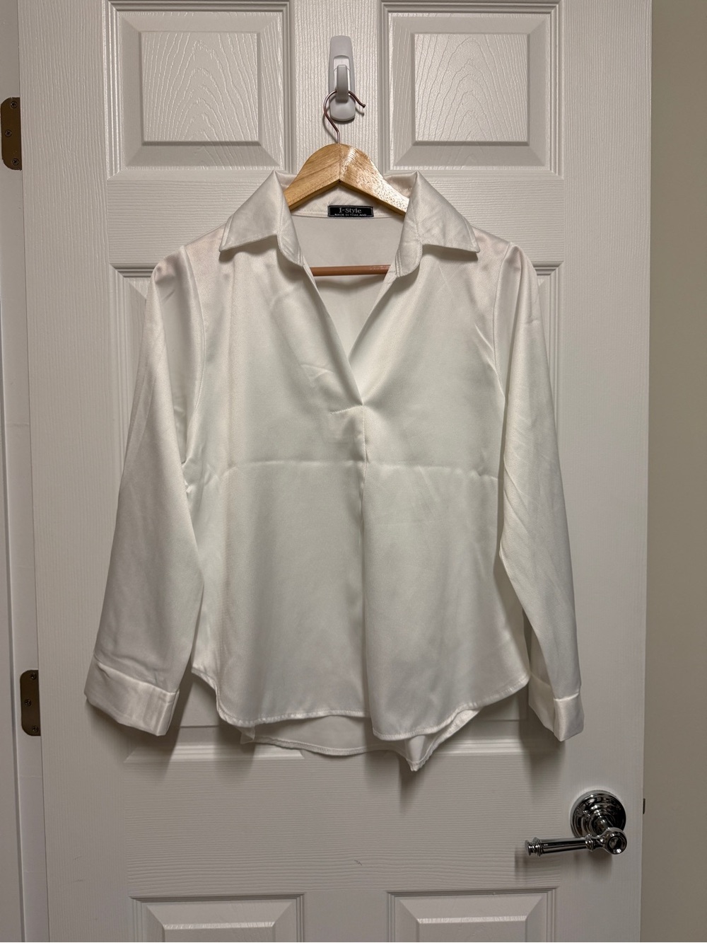 Satin like White V-Neck Collared Women's Blouse